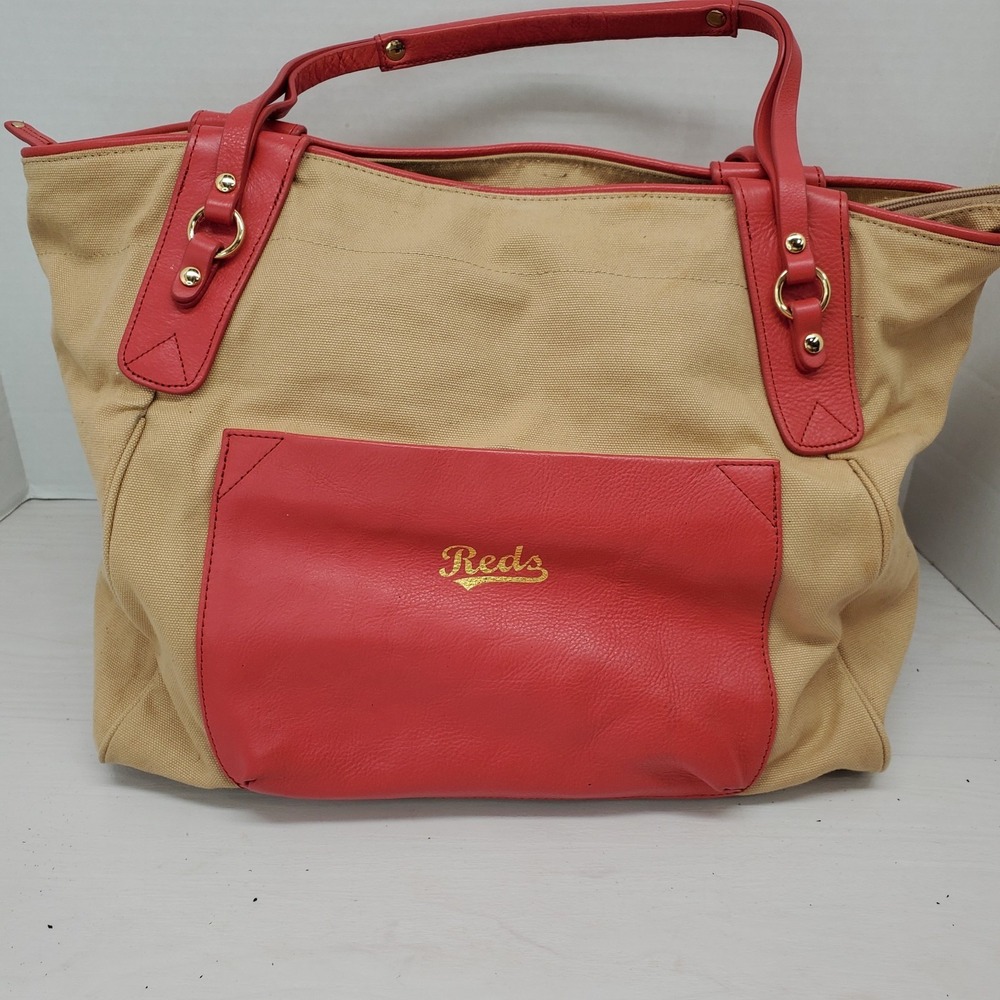 Boulevard Sunday Tote‎ Shopper Carry All Tan Canvas Red Leather Large REDS